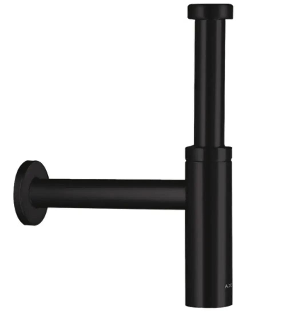 Siphon in Mattschwarz mit horizontalem und vertikalem Anschluss, hergestellt von AXOR. Das Produkt hat eine schlichte, funktionale Form ohne sichtbare Dekoration.
